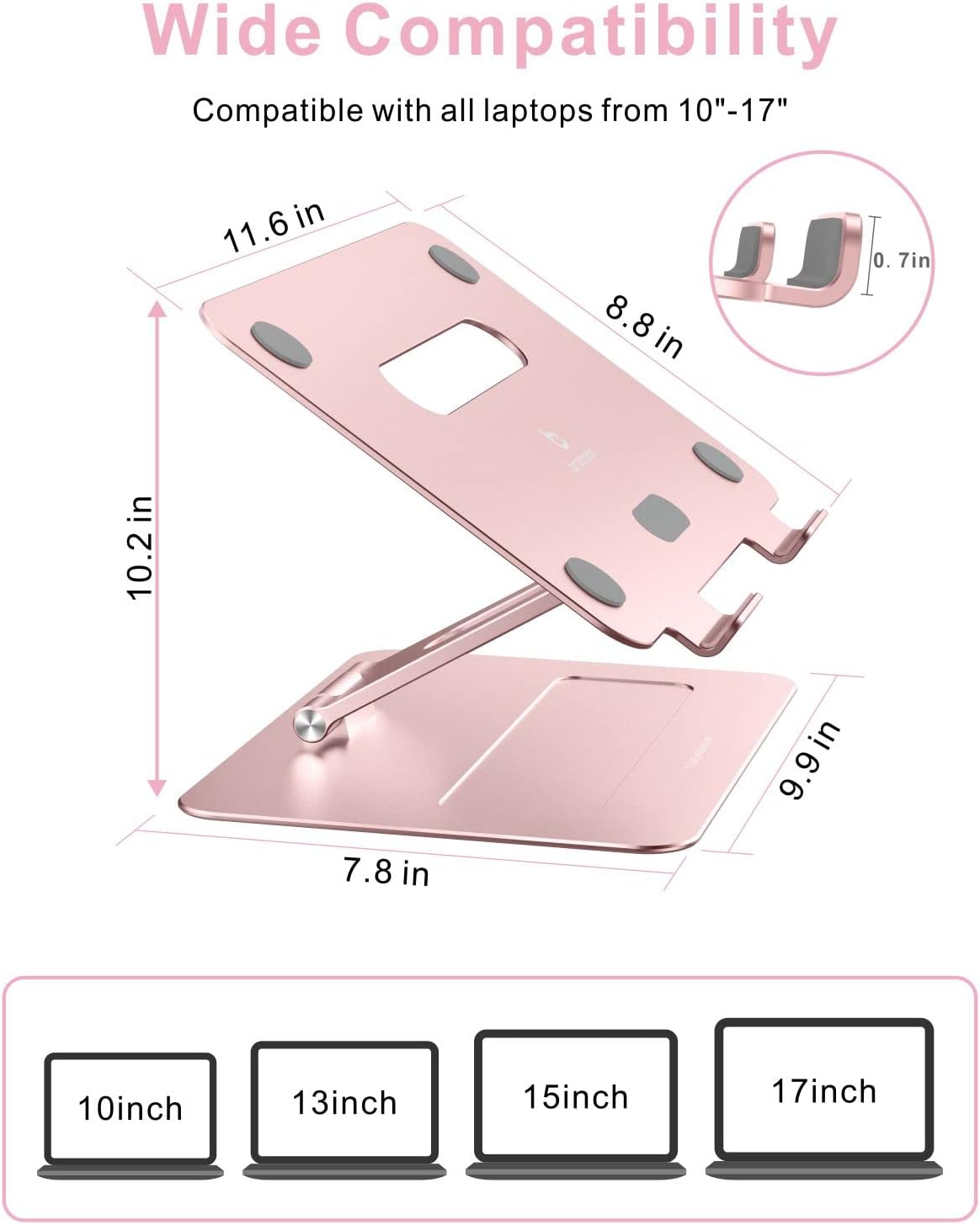 Brocoon - Soporte ajustable para laptop MacBook para escritorio, soporte ergonómico de aluminio para computadora con ventilación térmica, elevador para portátil compatible con portátiles de 10 a 17 pulgadas, oro rosa (rosa)