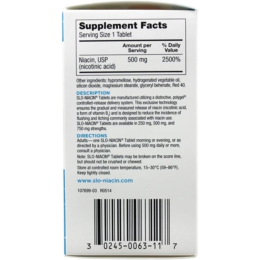 Suplemento Slo-Niacin Vitamina B3 500 Mg 100 cápsulas