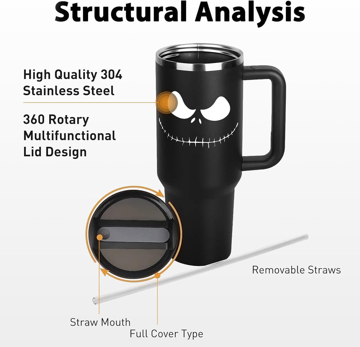 Taza de Acero Inoxidable Jack Skellington 40OZ con Asa y Popote