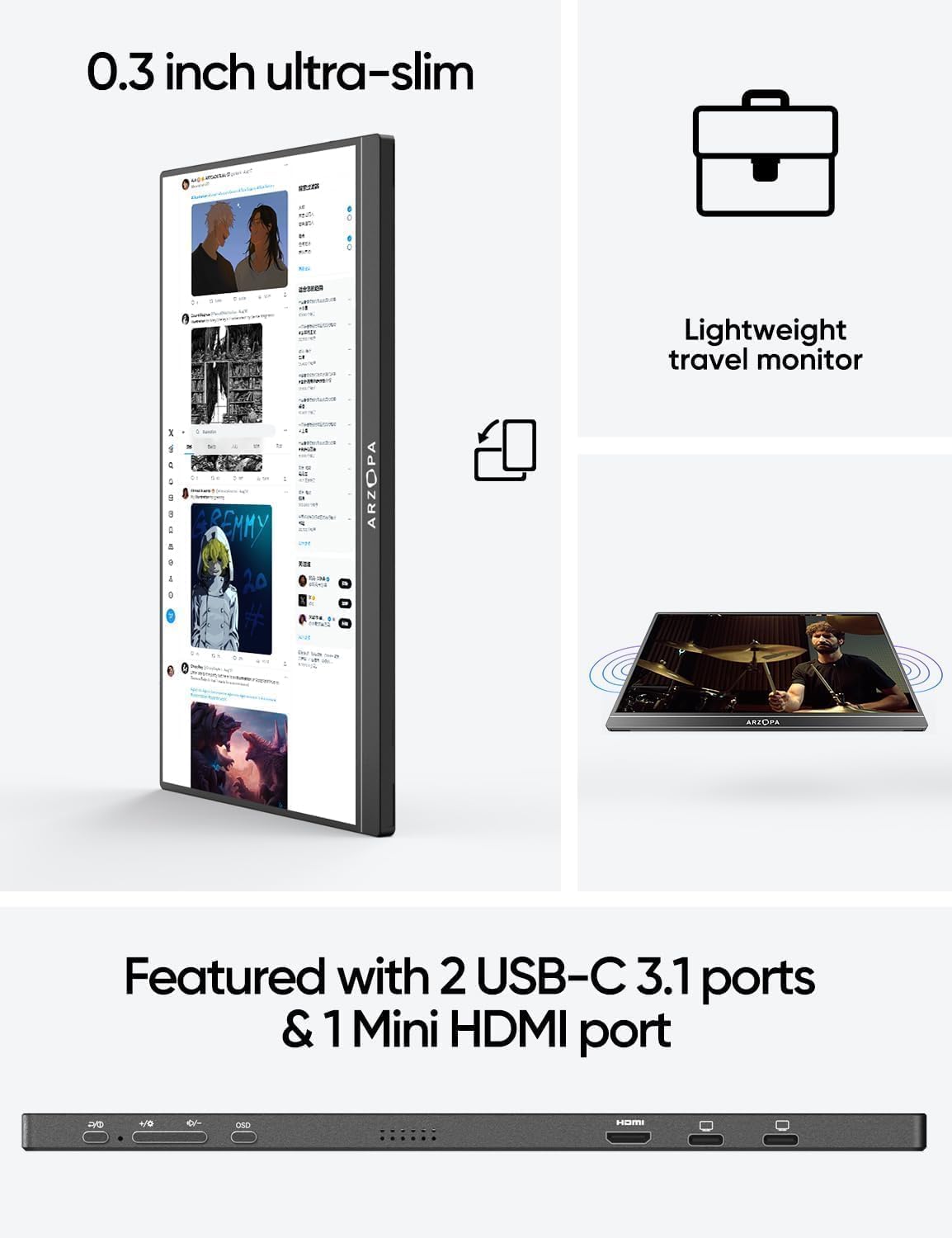Monitor portátil ARZOPA 15.6'' FHD USB C HDMI HDR S1
