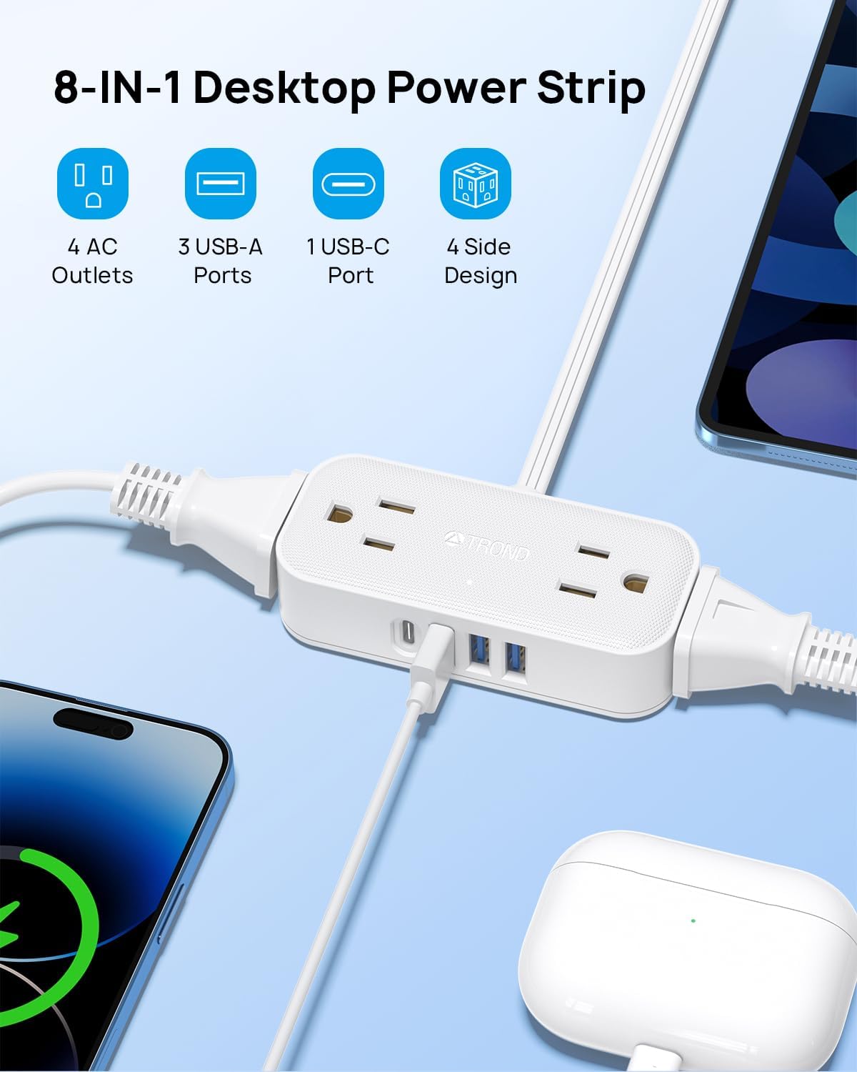 Regleta de alimentación de enchufe plano, cable ultrafino