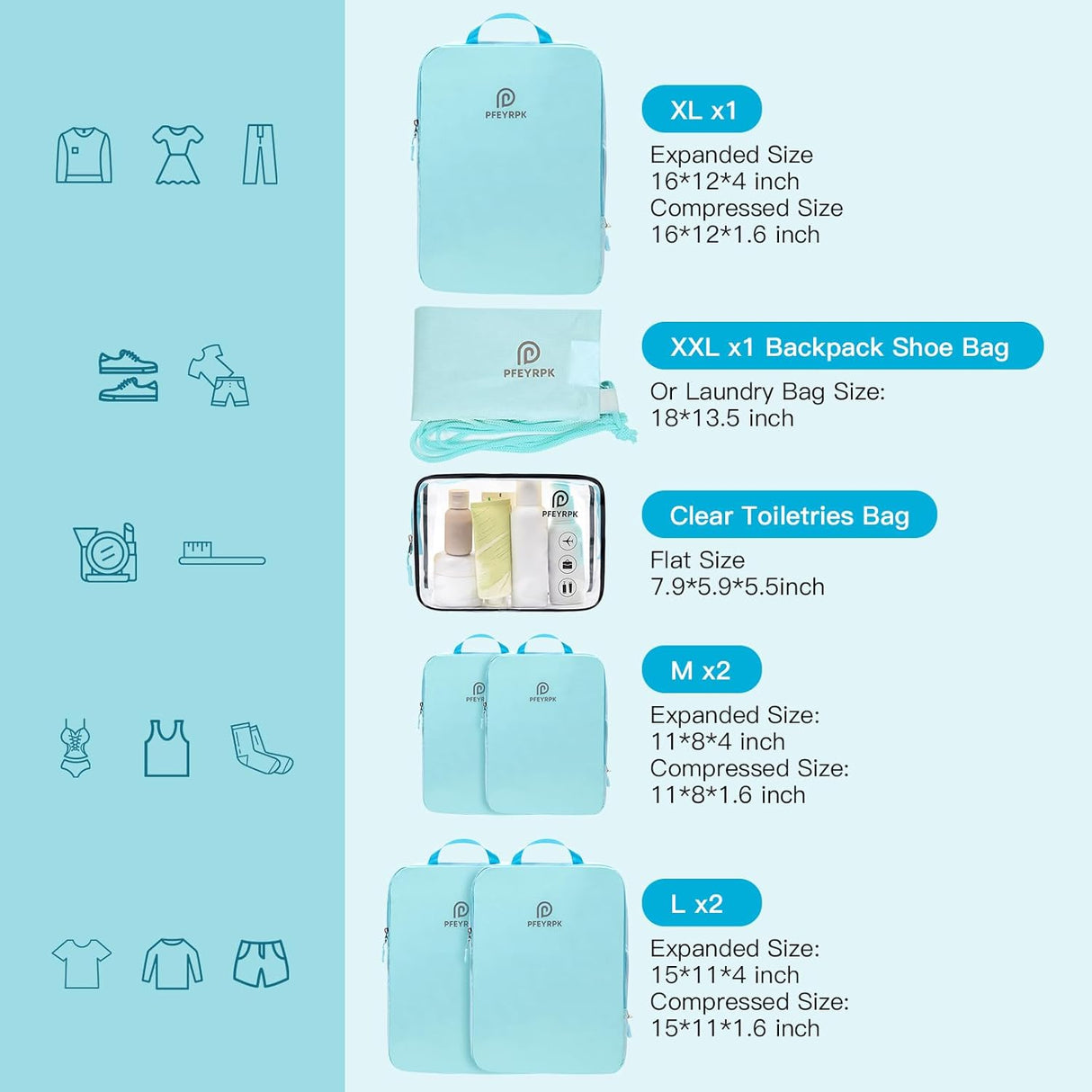 Juego de Cubos Compresores para Viaje, Organizador 7 Piezas