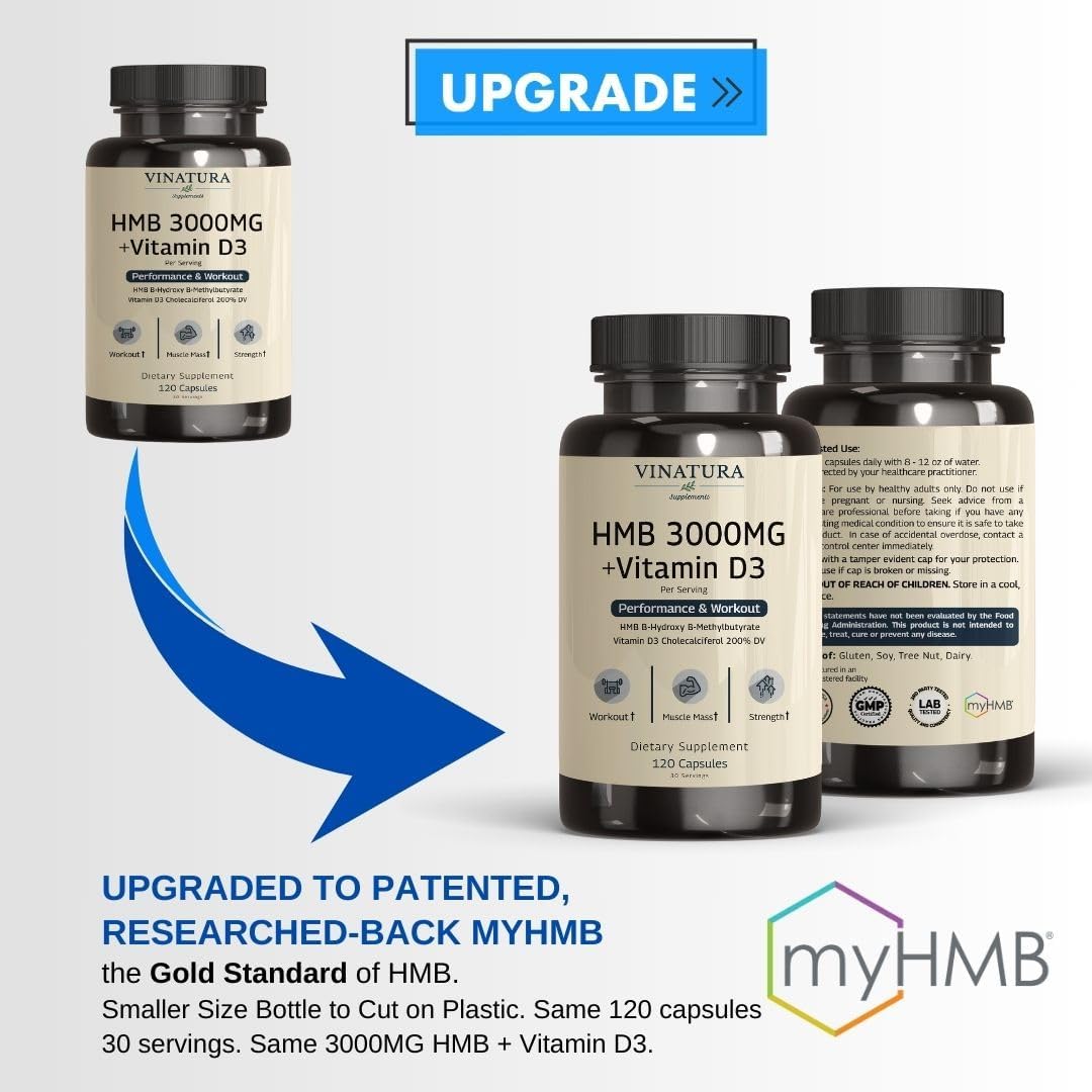 Suplemento HMB 3000mg y Vitamina D3 - 120 Cápsulas USA