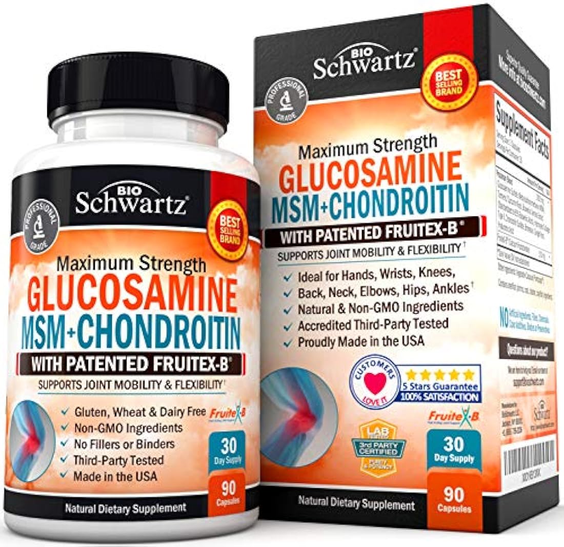 Glucosamina condroitina MSM cúrcuma para alivio del dolor de cadera, articulación y espalda. Suplemento antiinflamatorio con ácido hialurónico, colágeno, boswellia, bromelina y fruitex-B. Sin gluten ni OMG.
