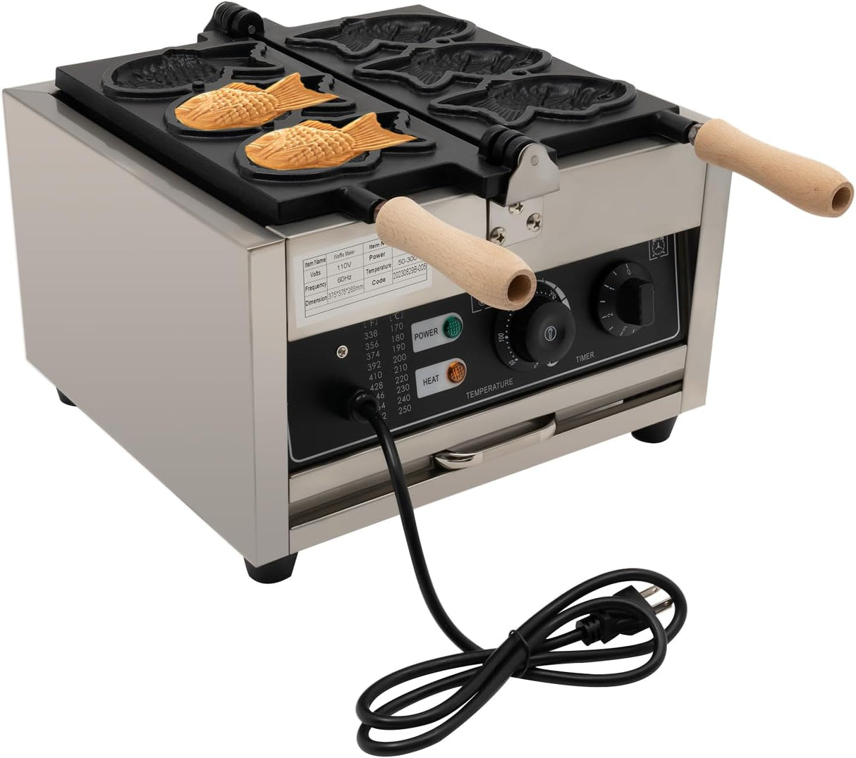 Máquina de Waffles Taiyaki, 1500W, Acero Inoxidable, 110V