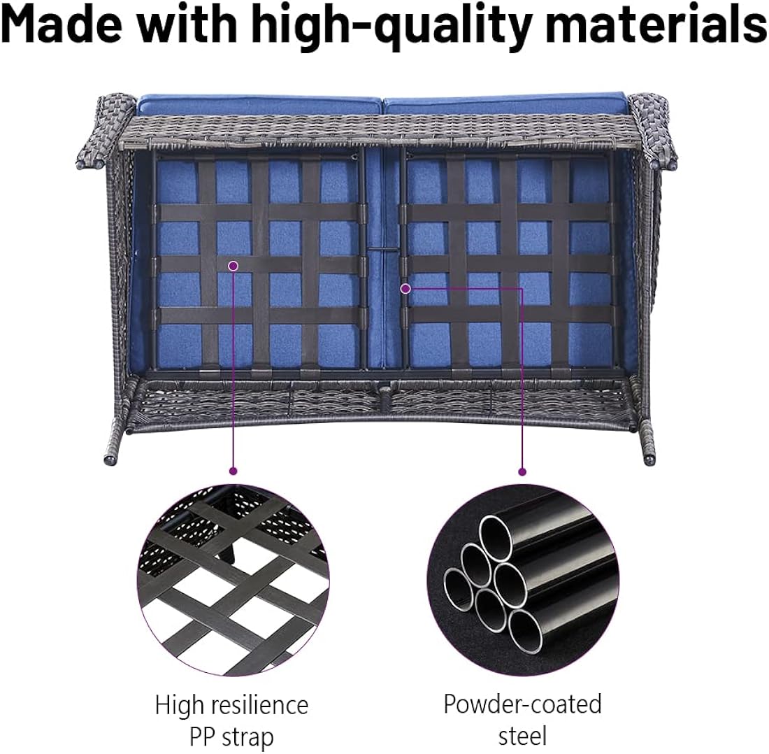 Belord Juego de muebles de patio al aire libre de 5 piezas, muebles de mimbre para conversación, sillas mecedoras giratorias para exteriores con sofá biplaza y 2 otomanas para espacios pequeños, cojín azul
