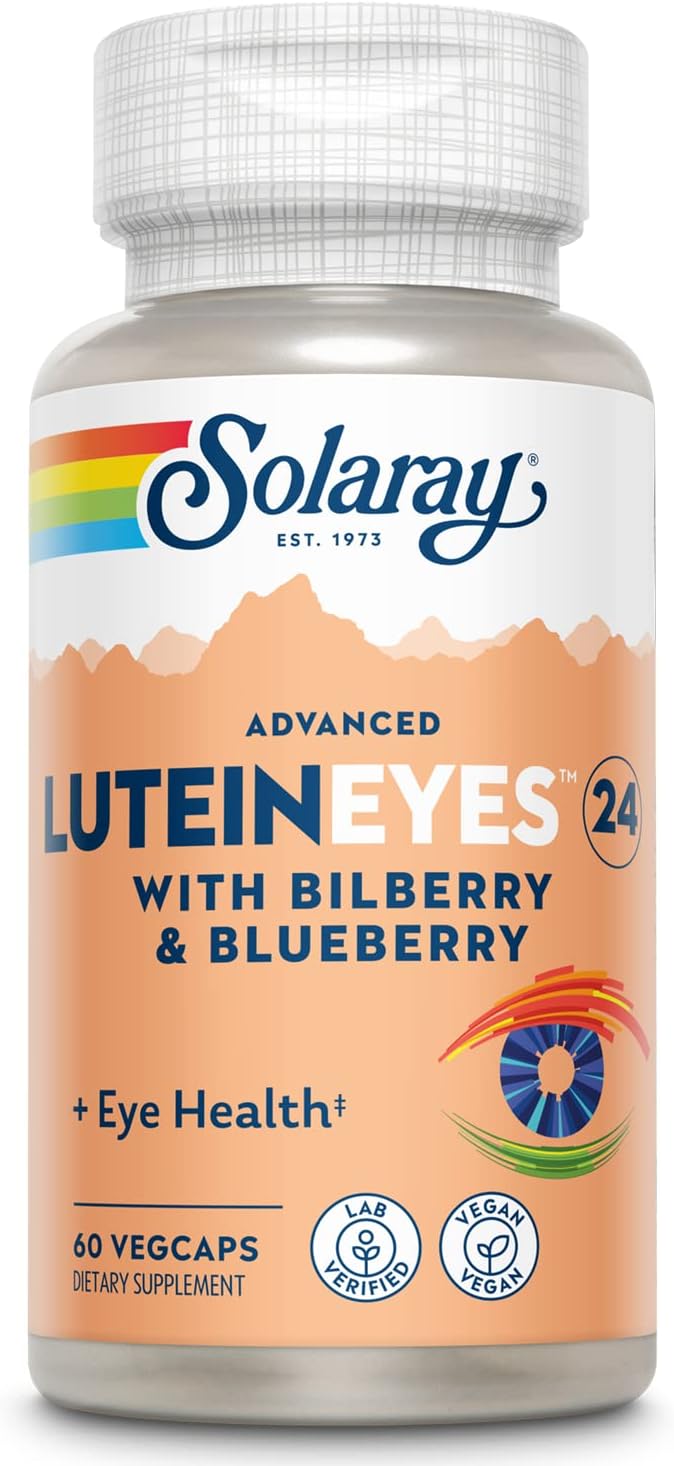 SOLARAY Advanced Lutein Eyes 24 mg - Suplementos de luteína y zeaxantina - Apoyo a la salud ocular con extracto de arándano y arándano - Vegano, garantía de 60 días, verificado en laboratorio, 60