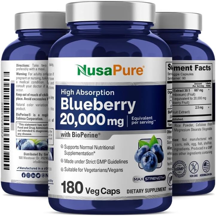 Concentrado de Arándanos 20,000 mg - Extracto 30:1, 180 Cápsulas Vegetales