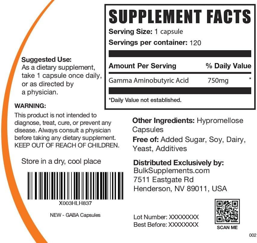 Suplemento BulkSupplements Cápsulas GABA de 750 mg 120 und