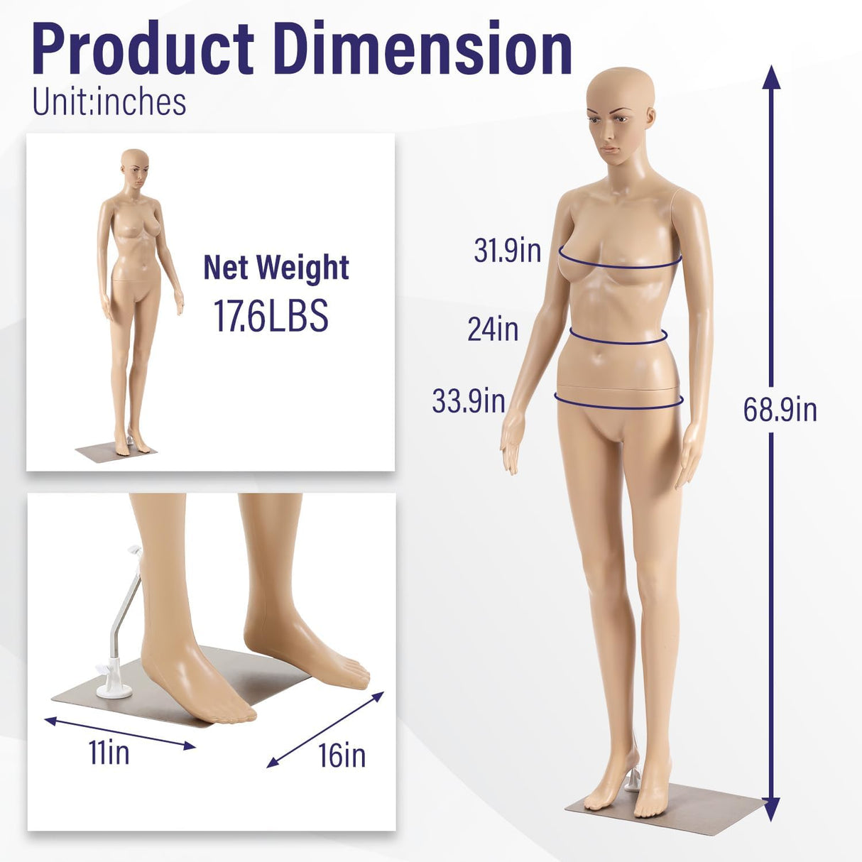 Maniquí completo ajustable, marca desconocida, 69 con base metal.