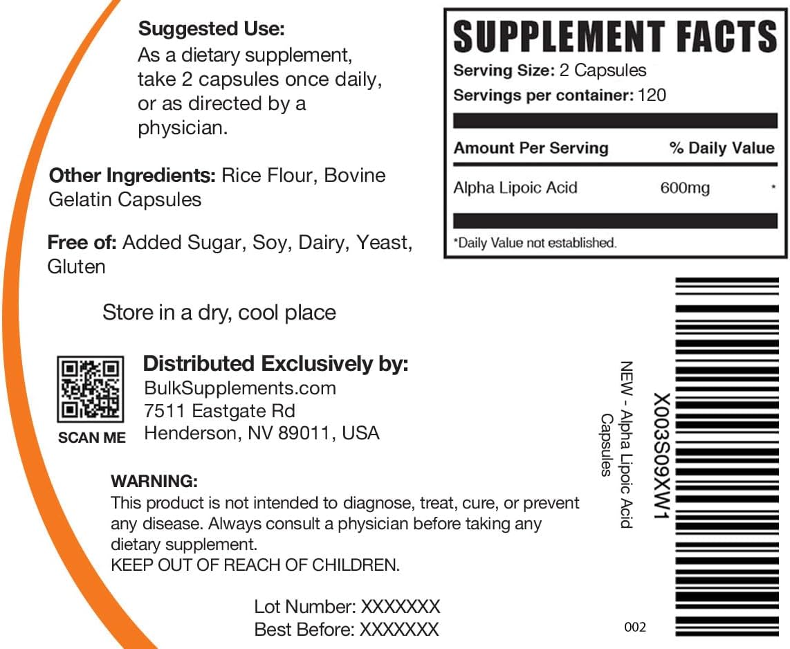 Cápsulas de Ácido Alfa Lipoico - ALA 600mg, Sin Gluten