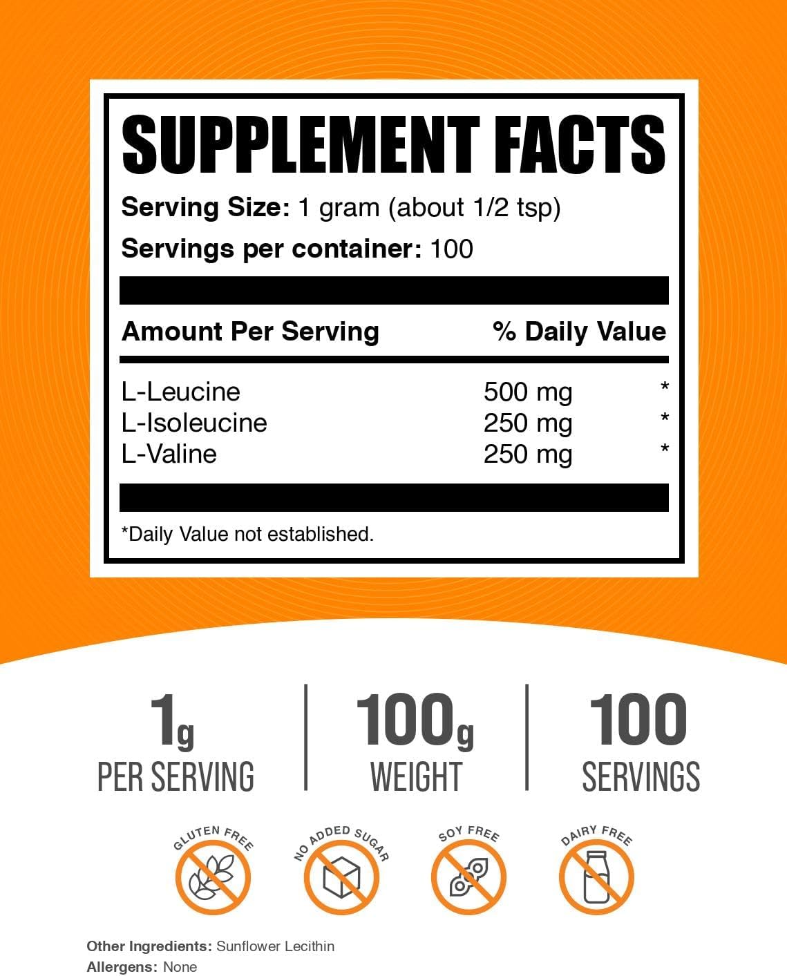 BCAA 2:1:1 en polvo BulkSupplements, 1000mg, 100g, sin sabor