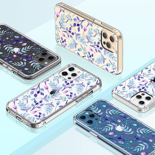 GiiKa Funda para iPhone 12 Pro Max con protector de pantalla, transparente de cuerpo completo a prueba de golpes de protección floral niñas mujeres caso duro con TPU parachoques cubierta teléfono caso para iPhone 12 Pro Max, azul floral