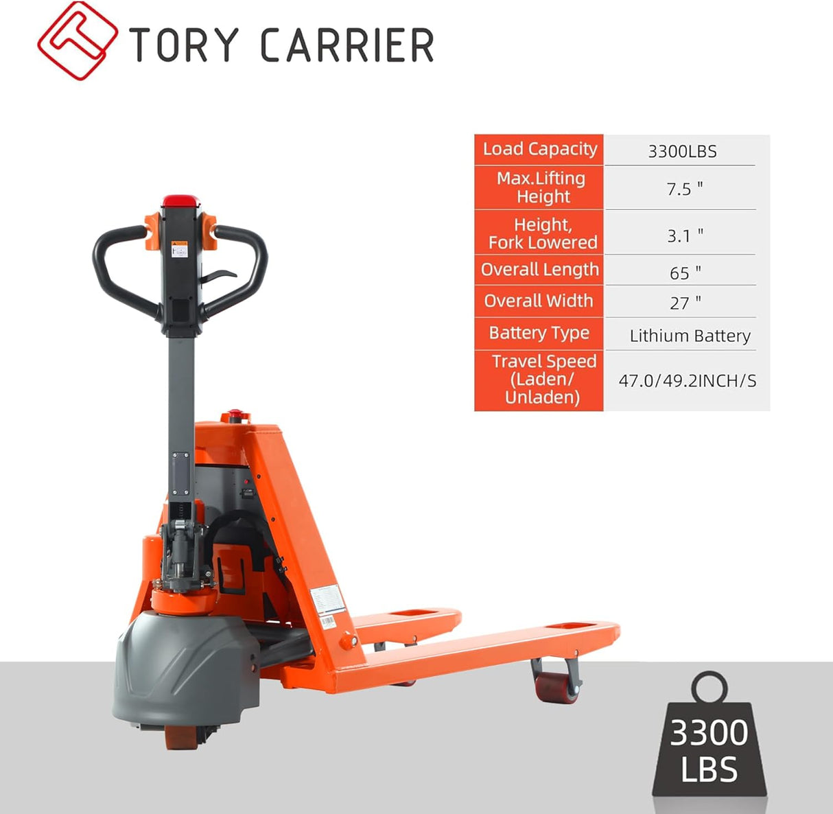 Carretilla Elevadora Eléctrica Tory 3,300lbs Batería de Litio