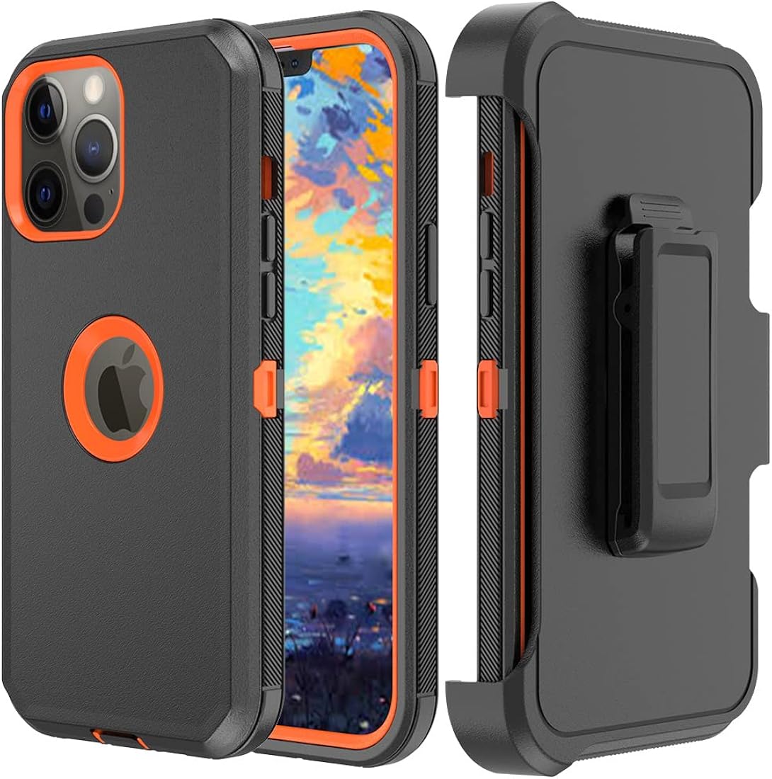 TASHHAR Funda para teléfono iPhone 13 Pro Max, resistente a prueba de golpes, funda protectora con clip para cinturón para Apple iPhone 13 Pro Max 5G 2021 (negro y naranja)