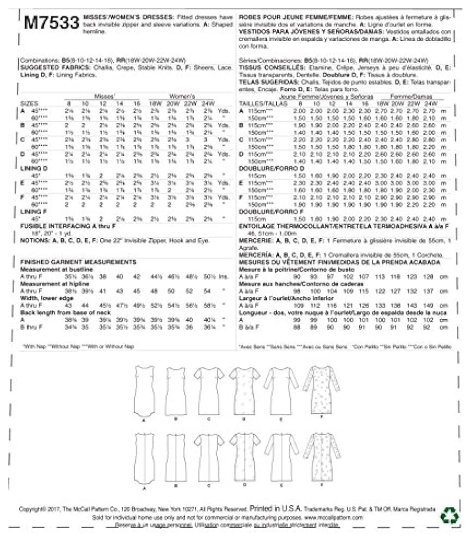 Patrón de costde la mujer, Vaina vestidos (Talla 18 W-24 W)