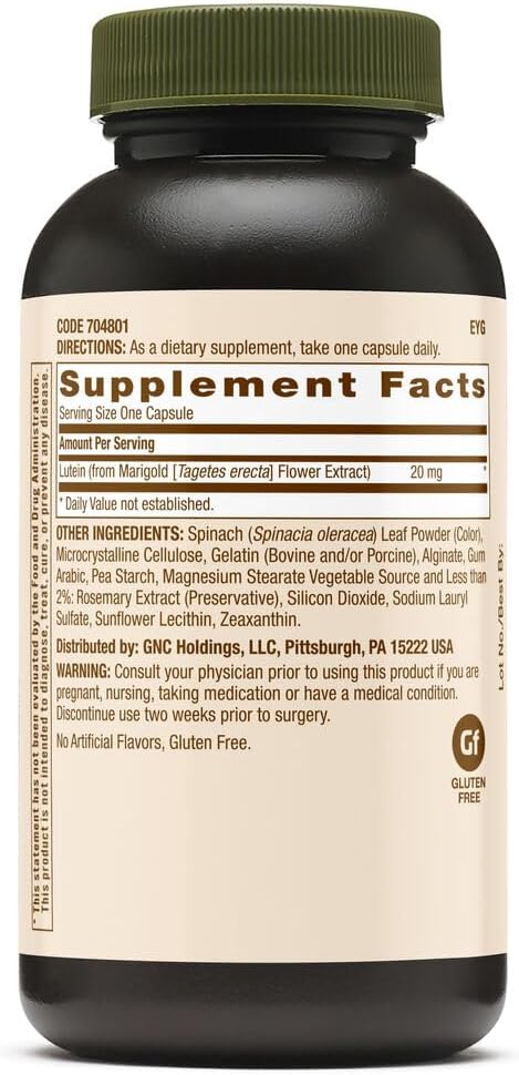 Suplemento GNC Brand Lutein 20mg 60 cápsulas salud ocular
