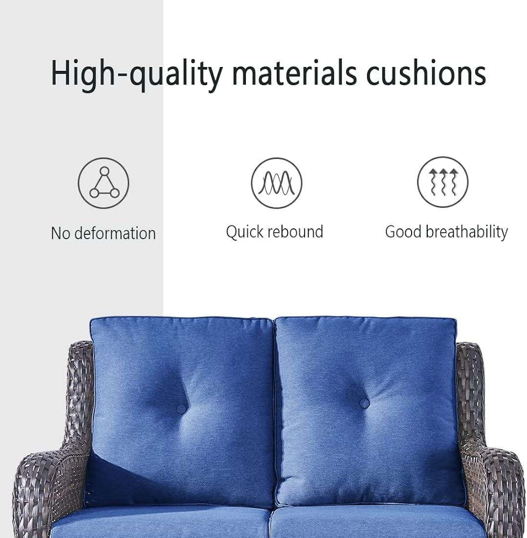 Belord Juego de muebles de mimbre para exteriores, juego de muebles de patio de 6 piezas con sillas mecedoras giratorias, sofá biplaza, otomanas y mesa auxiliar, cojín azul