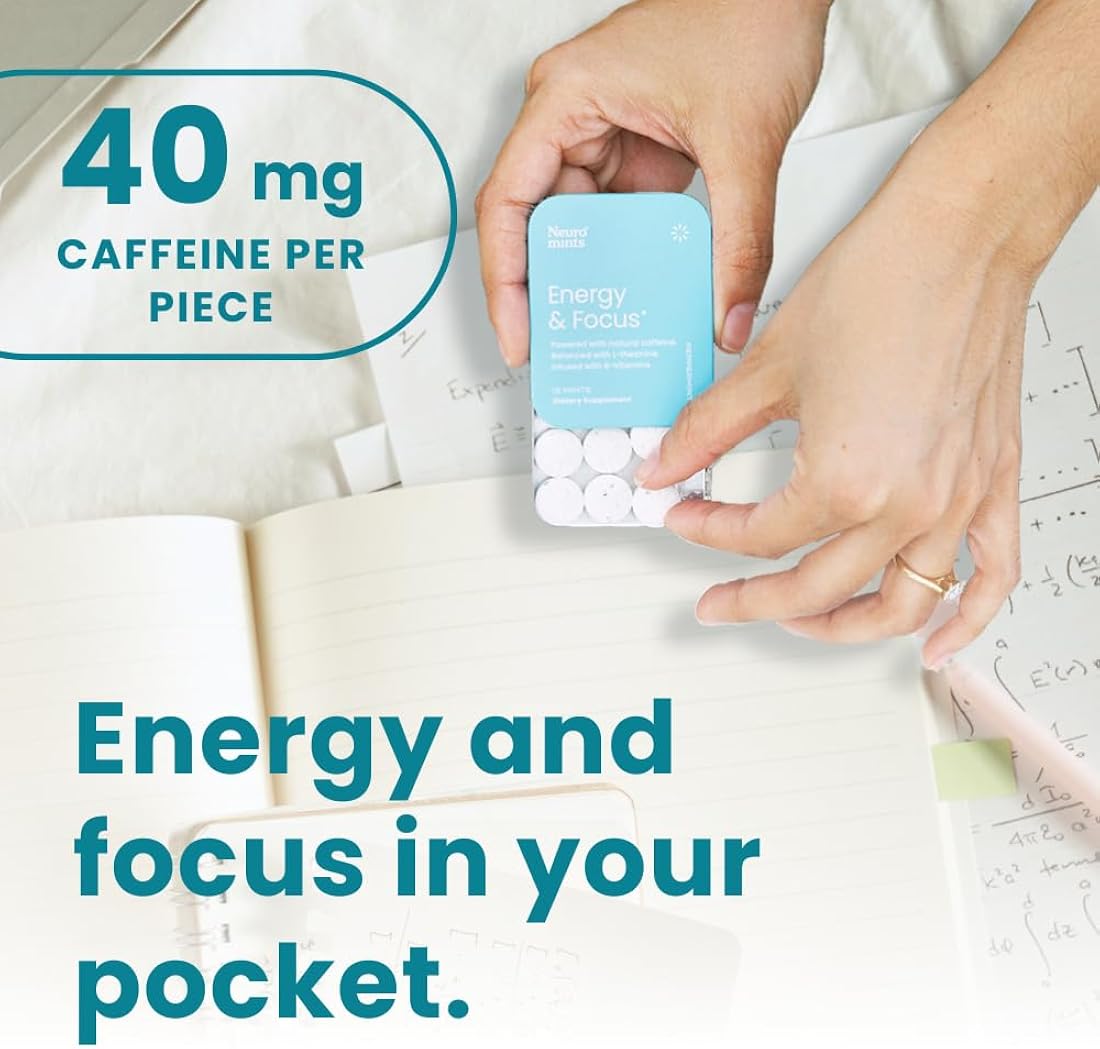 NeuroGum Energy Caffeine Mints (72 piezas) – Sin azúcar con L-teanina + cafeína natural + vitamina B12 y B6 – Suplemento nootrópico de energía y enfoque para mujeres y hombres – Keto y vegano, sabor a