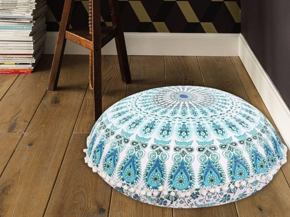 Funda bohemia para cojín, de 32 pulgadas, con diseño de mandala, para meditación, decorativa, otomana, grande, para exteriores, decoración del hogar, decoración de arte en el hogar, redonda, con pompones de algodón, cómoda