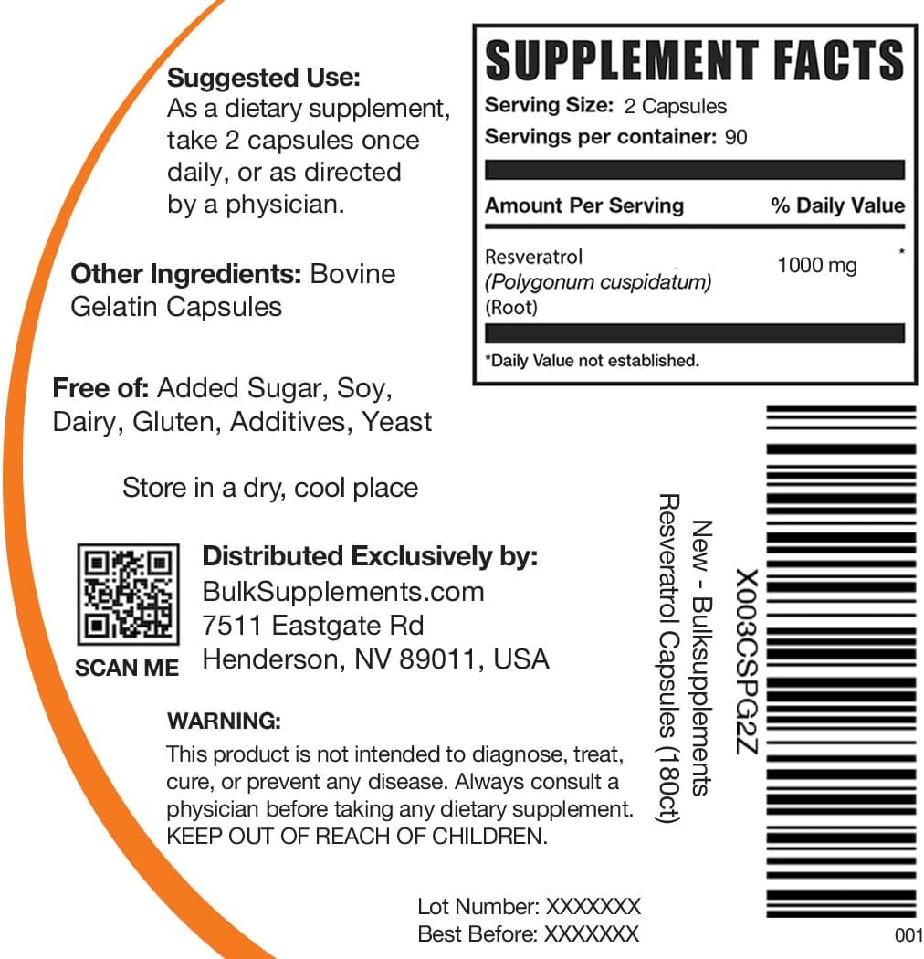 Suplemento BULKSUPPLEMENTS de resveratrol 1000mg 180 cáp