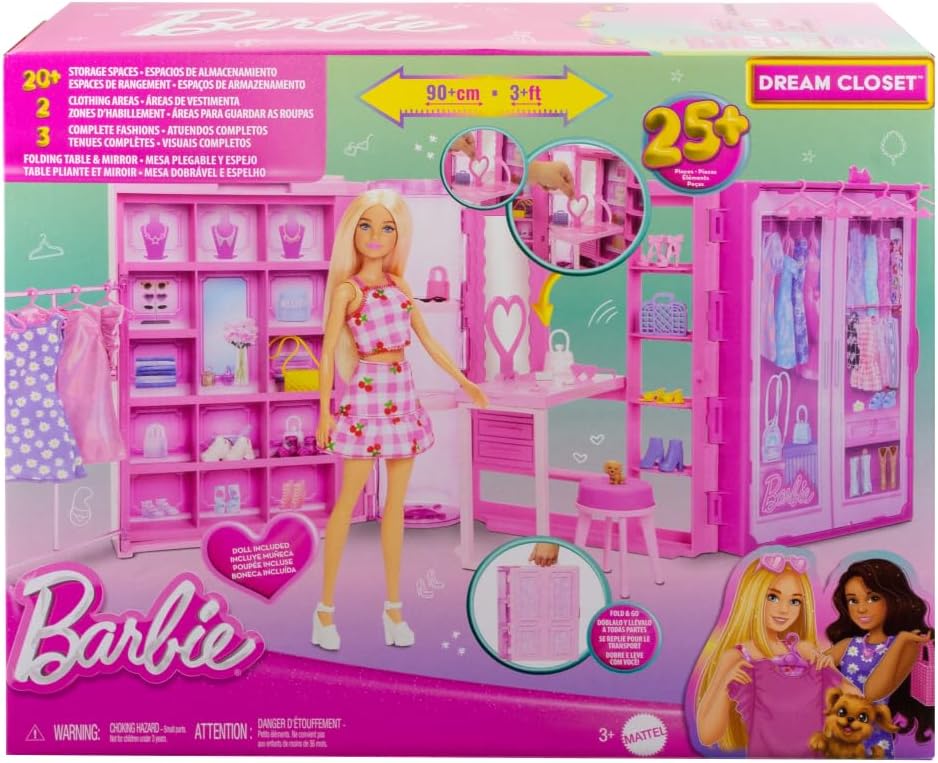 Juego de Barbie Dream Dressing Room con 29 piezas, portátil