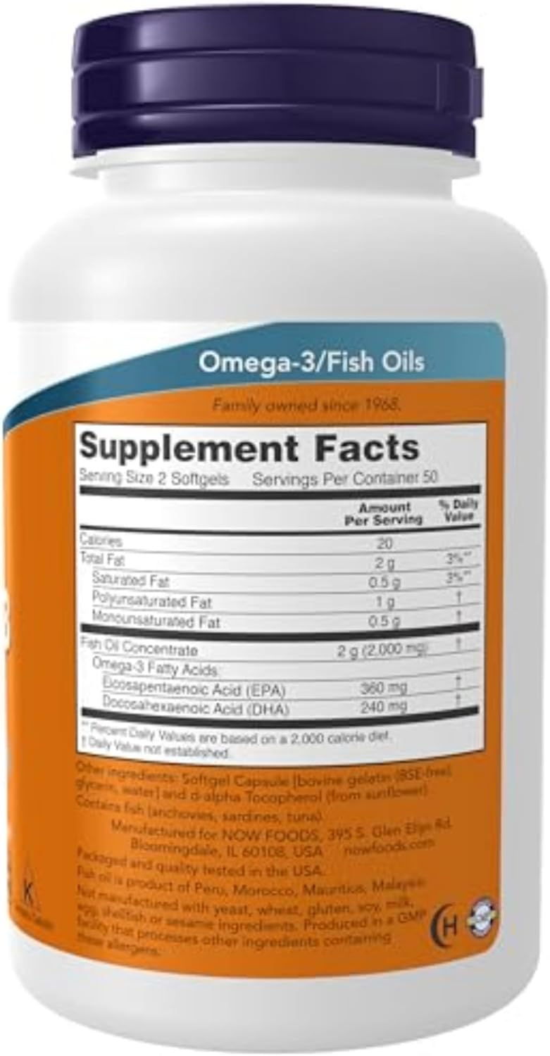 Suplemento Omega-3 100 Softgels de NOW Foods, Ácidos Grasos Esenciales