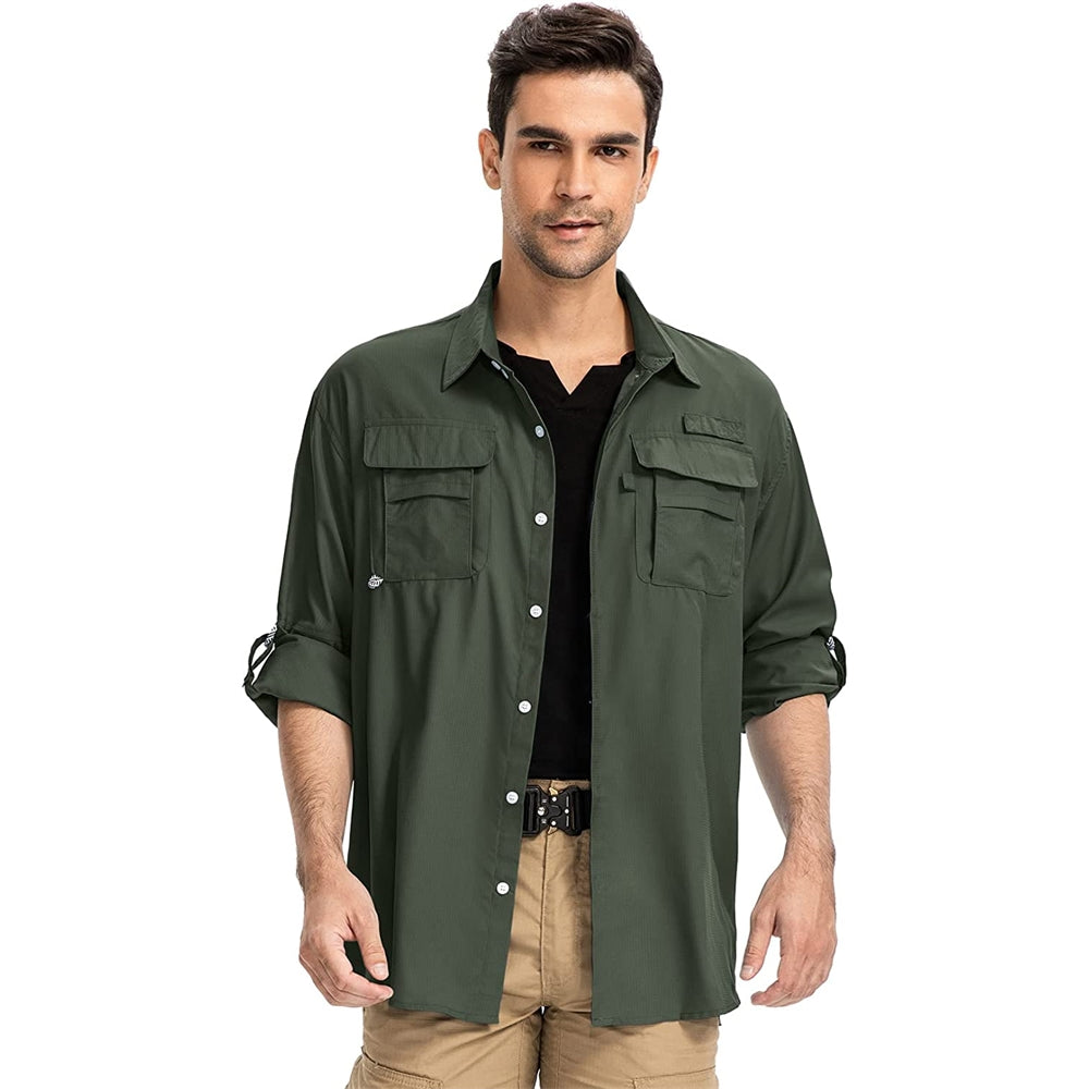 Anteef Camisas de safari para hombre manga larga
