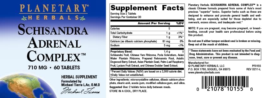 Planetary Herbals Complejo suprarrenal Schisandra 710mg 60u