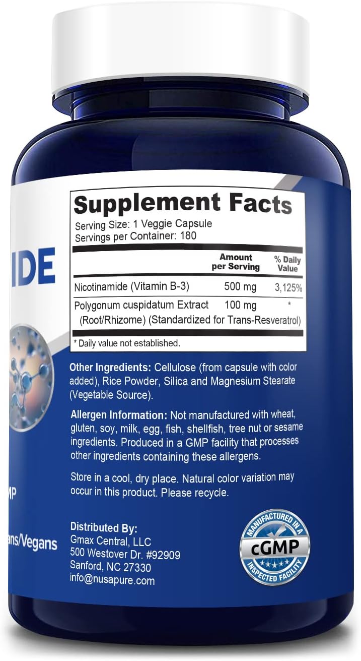 Suplementos Nicotinamida con resveratrol vitamina B3 500 mg