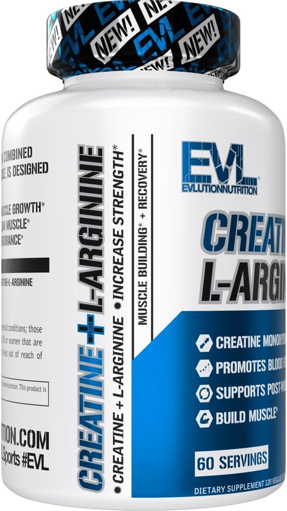 Evlution Nutrition Creatina + L-Arginina, Apoyo Muscular, 60Caps