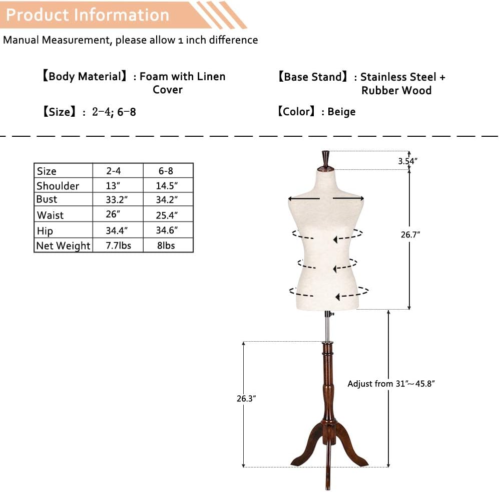 Maniquí Femenino Bonnlo, Ajustable, para Ropa y Joyería, 6-8