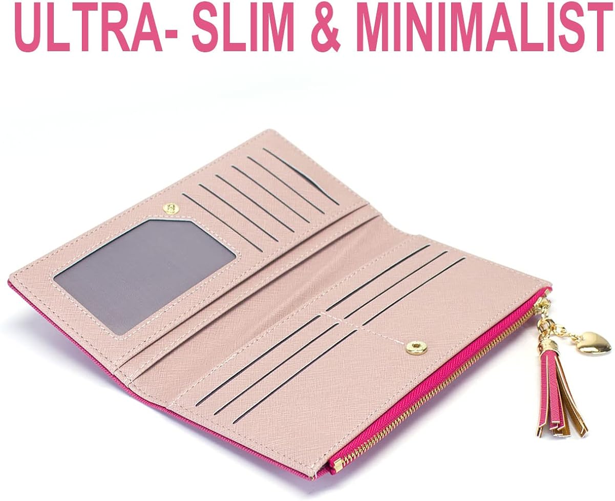 Billeteras de piel para mujer Bolsa para teléfono celular Larga, delgada, para tarjeta de crédito, linda, minimalista, monedero, gran capacidad, cremallera para mujeres y jovencitas