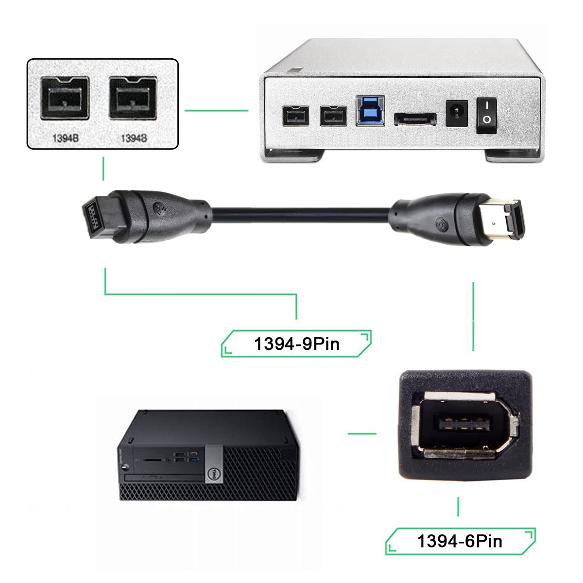 Cable FireWire 800 a 400 9p a 6p Cable de captura 5.9 ft