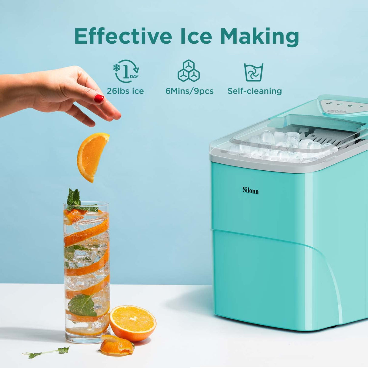 Máquina de Hielo Silonn, 9 Cubos en 6 Min, Auto-limpieza