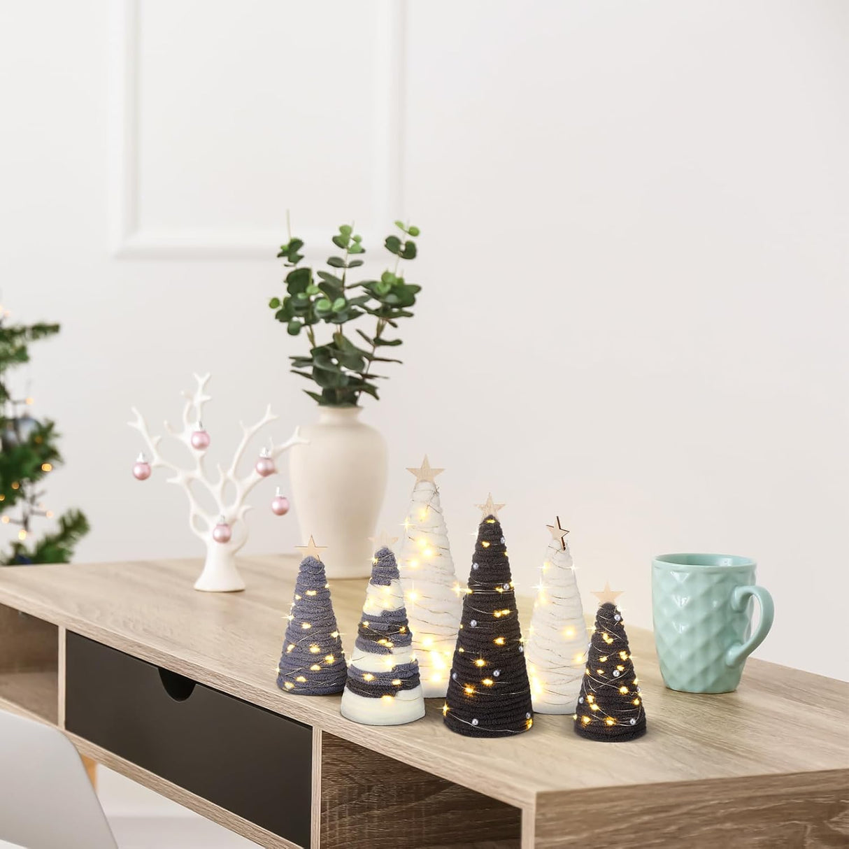 Árboles de lana navideños, decoración rústica, 6 piezas, LED