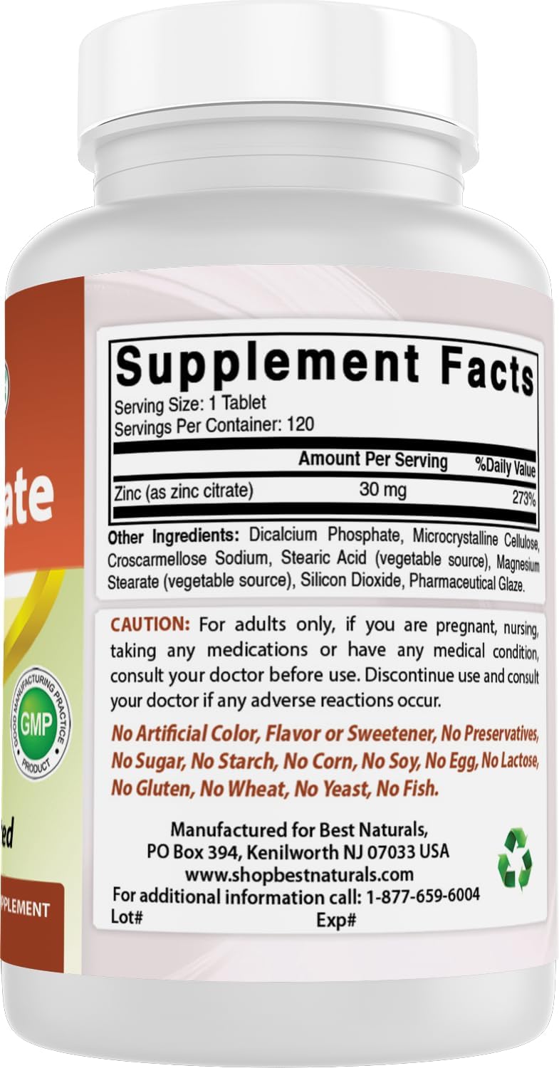 Suplemento de Zinc 30mg Best Naturals Zinc Citrato, Inmunidad, 120 Tablas x 3
