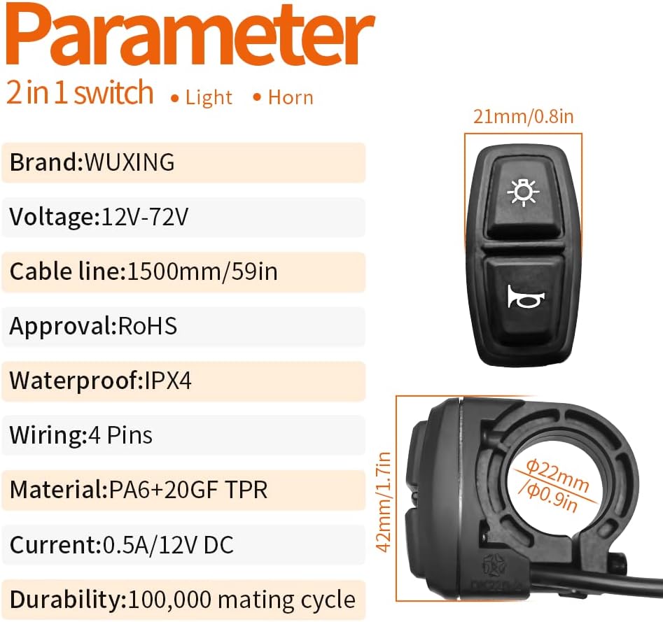 Interruptor de Luz y Bocina WUXING 24V/36V/48V/60V/72V DK226/DK11
