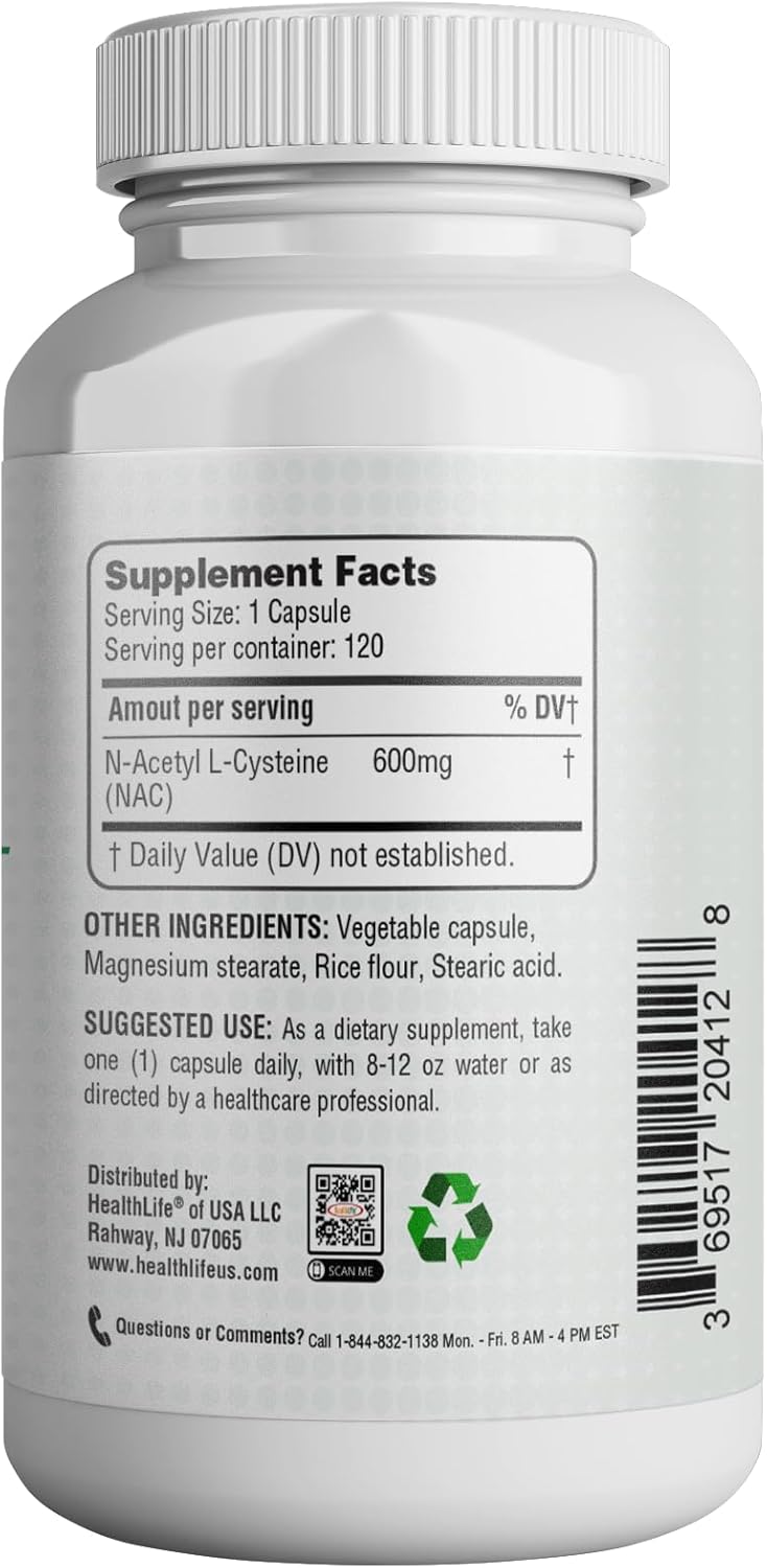 N-Acetil L-Cisteína 600mg - HealthLife, 120 cápsulas, No GMO