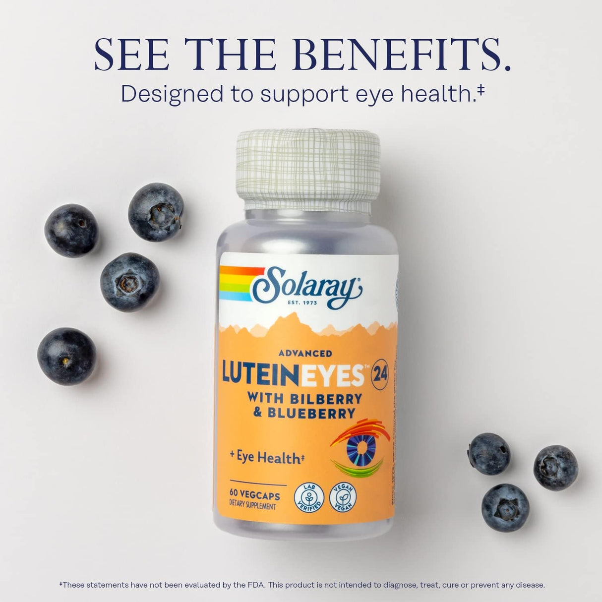 SOLARAY Advanced Lutein Eyes 24 mg - Suplementos de luteína y zeaxantina - Apoyo a la salud ocular con extracto de arándano y arándano - Vegano, garantía de 60 días, verificado en laboratorio, 60