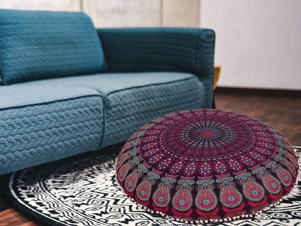 Funda bohemia para cojín, de 32 pulgadas, con diseño de mandala, para meditación, decorativa, otomana, grande, para exteriores, decoración del hogar, decoración de arte en el hogar, redonda, con pompones de algodón, cómoda