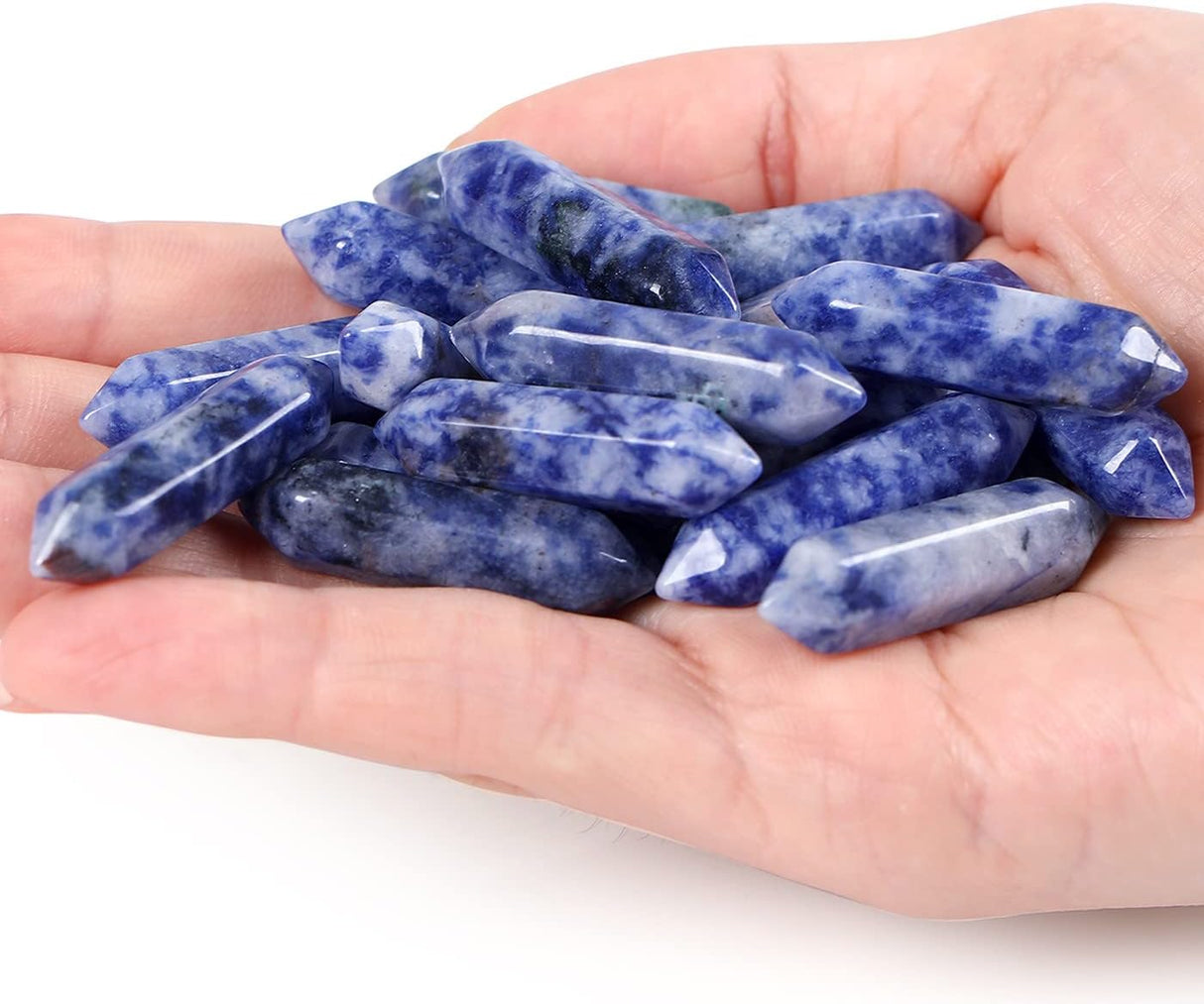 Juego de 10 varitas de cristales de sodalita azules y blancos