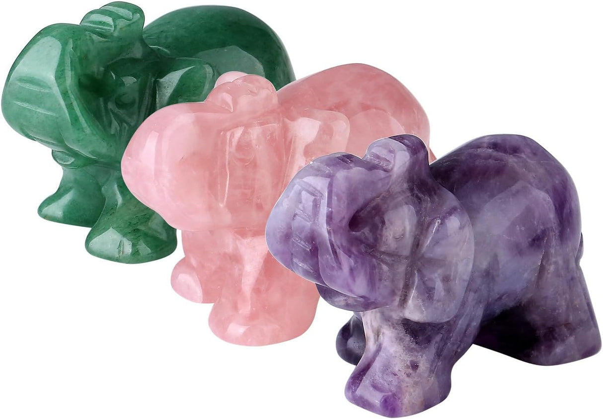 QINJIEJIE 3 pcs de cristales decorativos de elefante, amatista, cuarzo rosa, aventurina verde, bonitas piedras de escritorio, estatua de piedras preciosas naturales, decoración de la suerte,