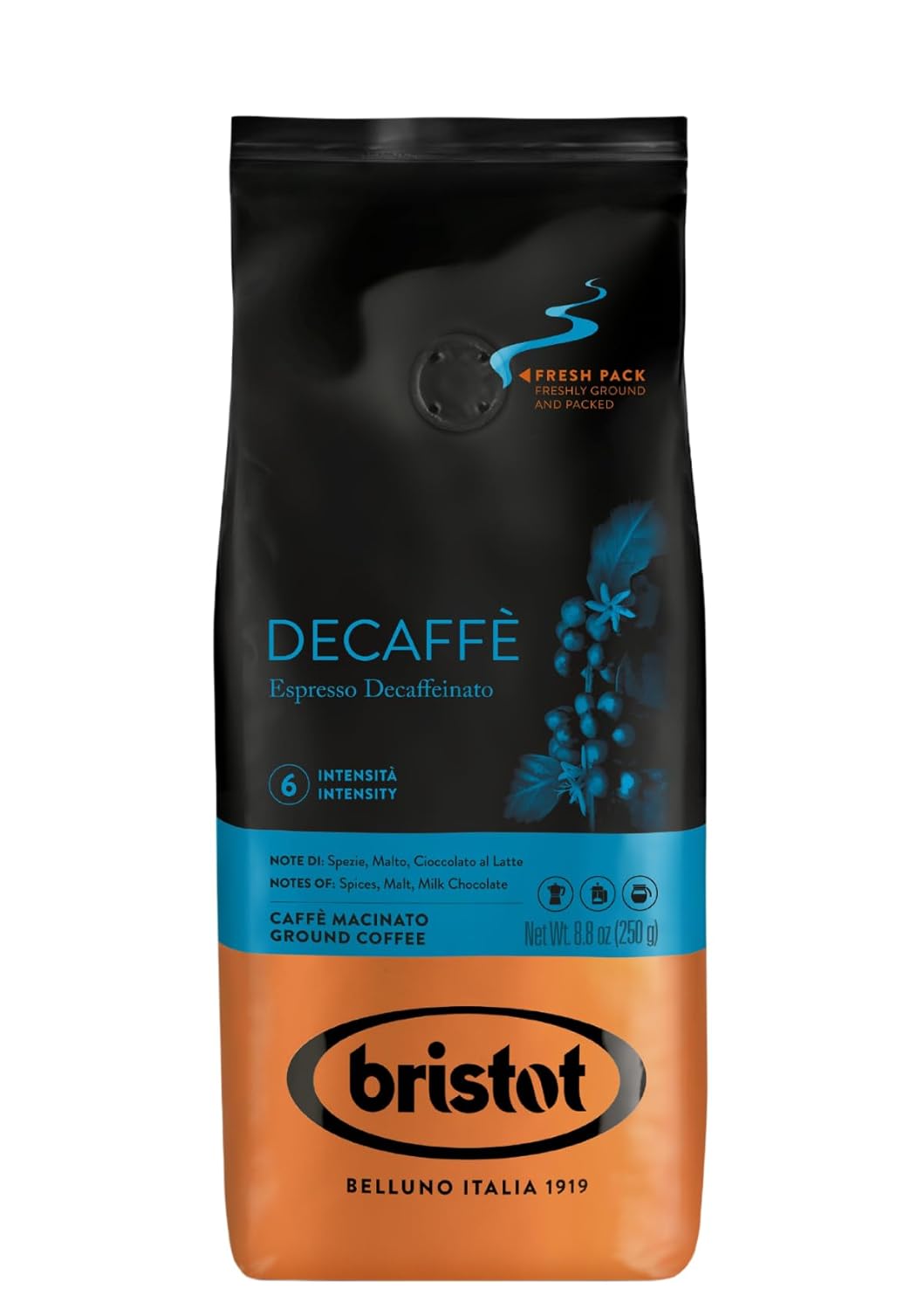 Café Espresso Descafeinado Bristot, Molido, 250g, Tostado Medio
