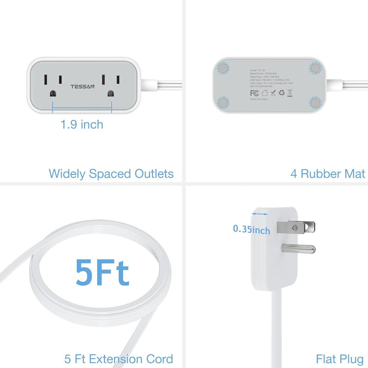TESSAN - Cable de extensión de enchufe plano con 3 puertos USB, regleta de alimentación ultrafina con 2 salidas de CA esenciales para cruceros, corrector de salida pequeño de 5 pies de bajo perfil