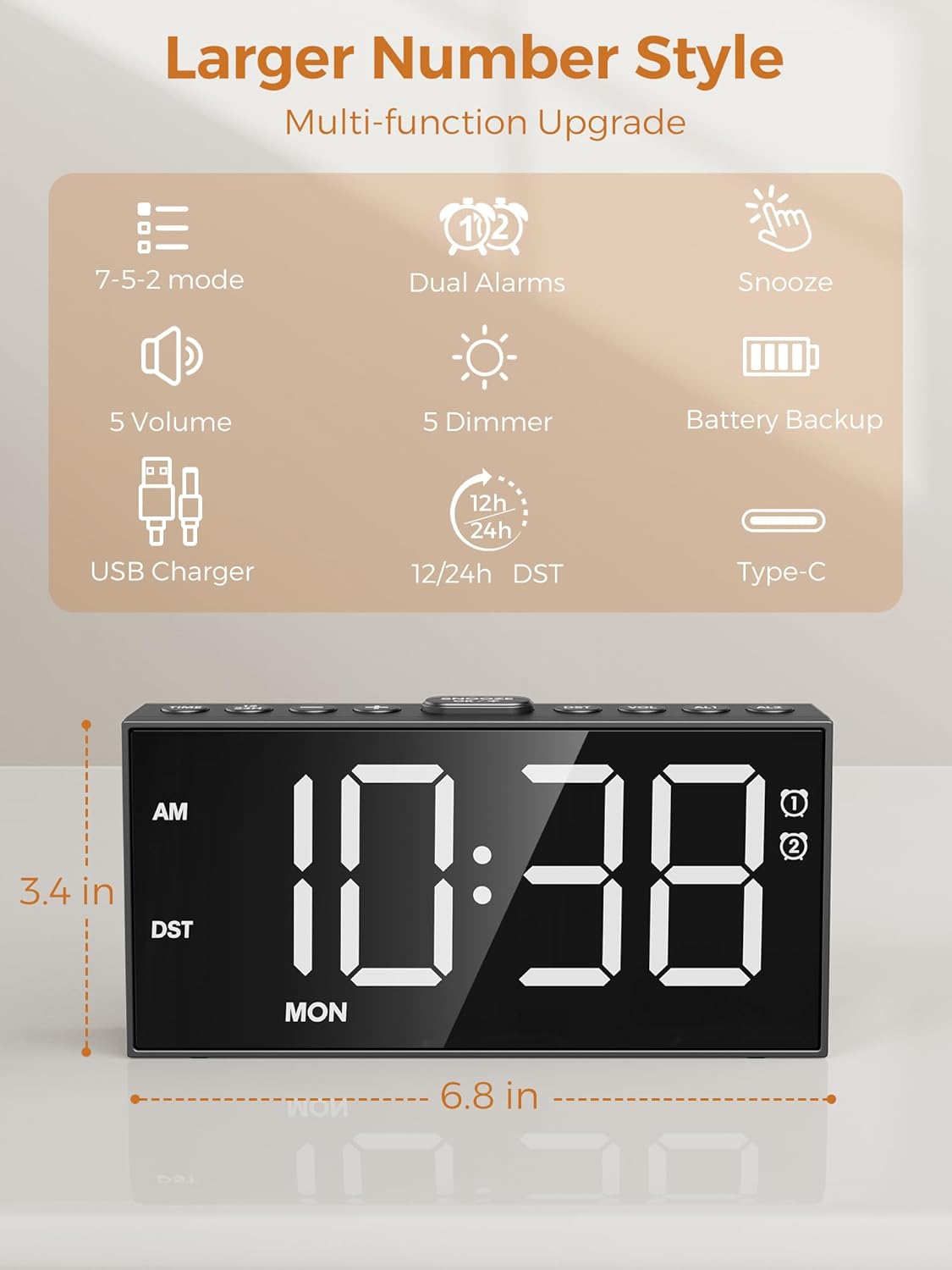 Reloj Despertador Digital con Números Grandes y 2 Alarmas
