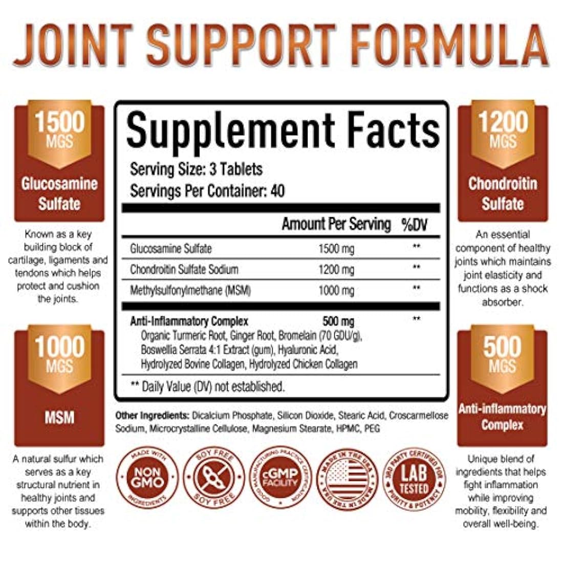 Glucosamina Premium Chondroitin MSM Suplemento tabletas con cúrcuma y Boswellia – Max Fuerza Alivio del Dolor en las articulaciones y lubricación, antiinflamatorio – Glucosamina Sulfato Suplemento en las articulaciones para hombres y mujeres