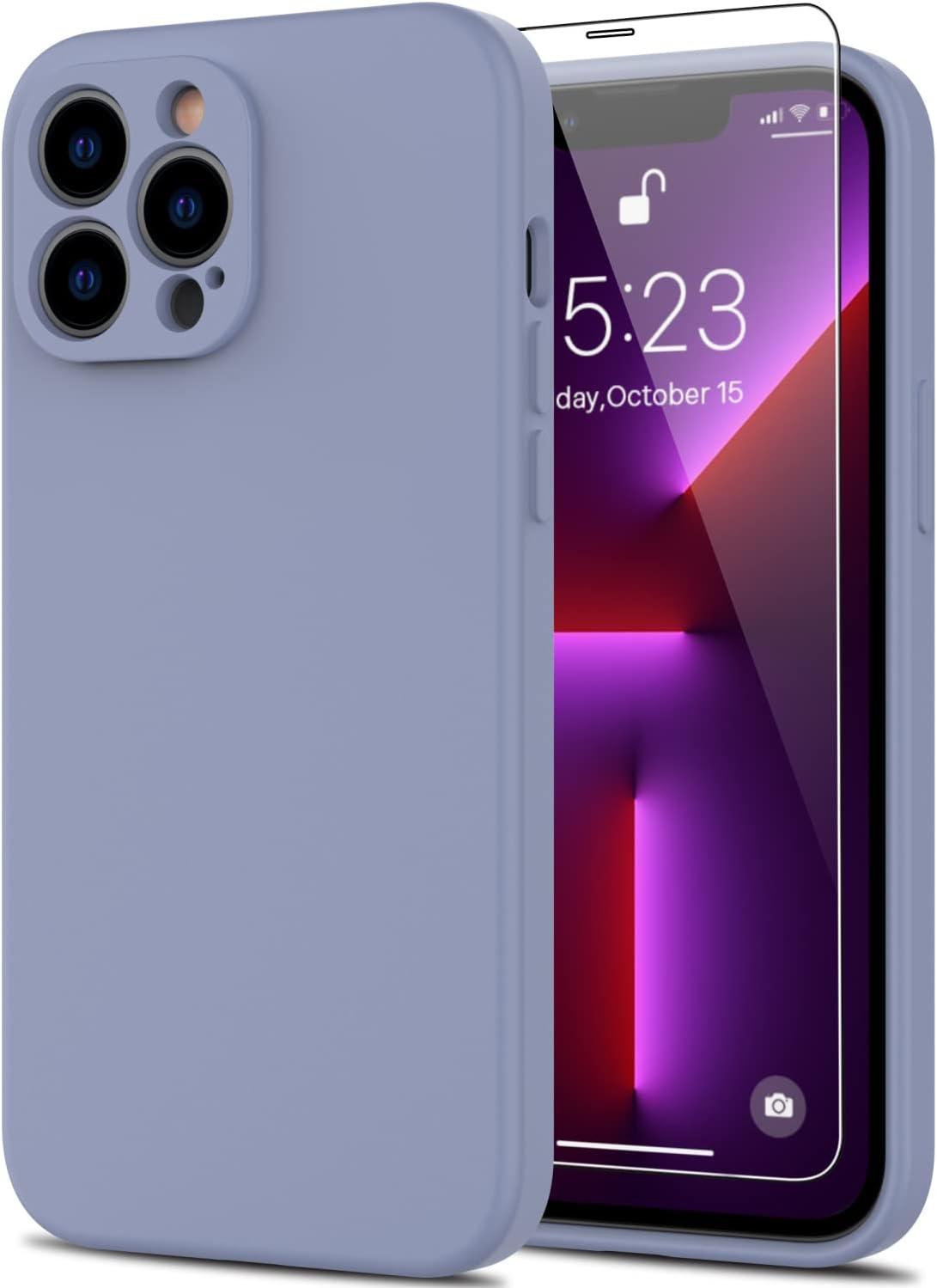 DEENAKIN Funda para iPhone 13 Pro Max con protector de pantalla, cubierta de goma de gel de silicona líquida suave y duradera para iPhone 13 Pro Max de 6.7 pulgadas, color gris ceniza