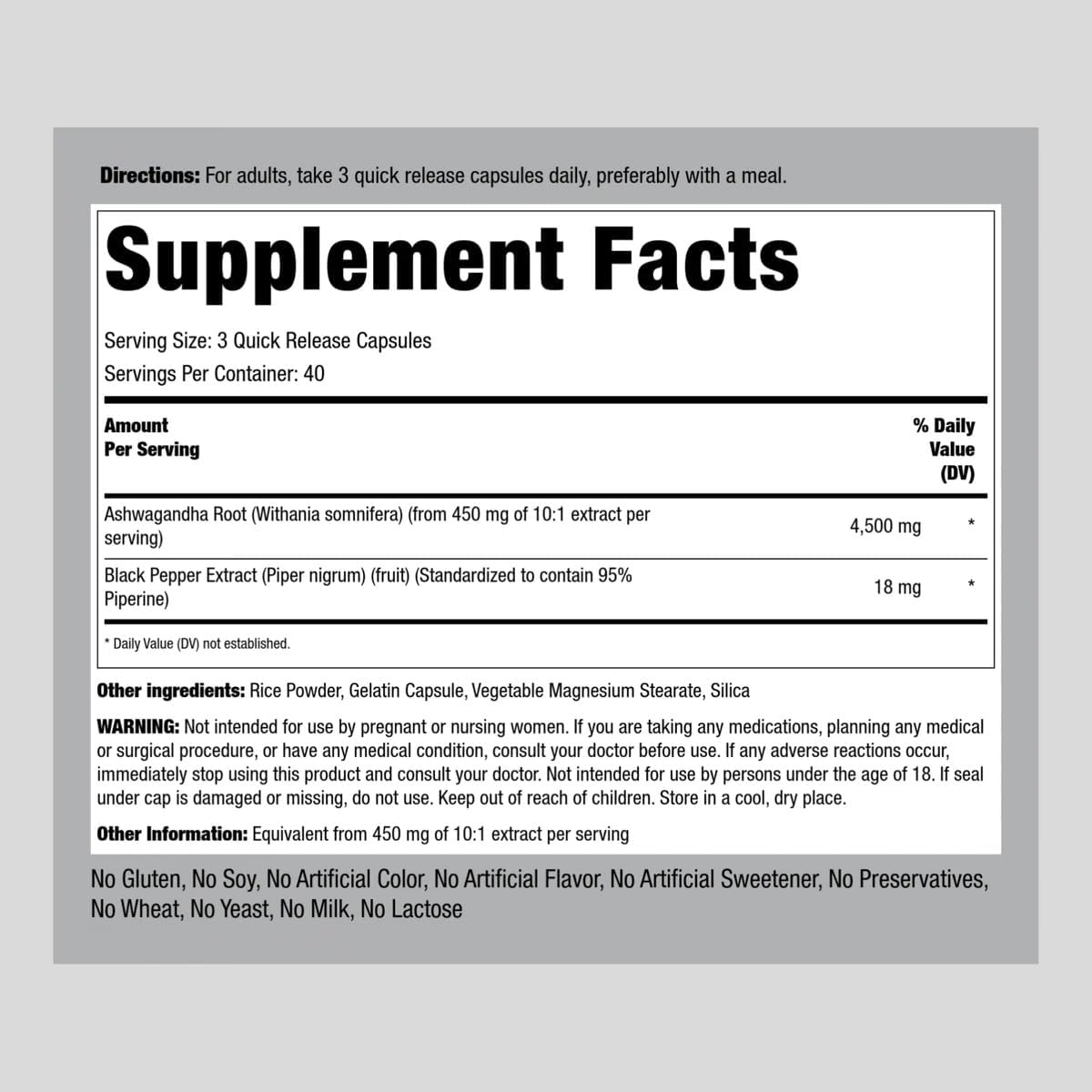 Suplemento de Extracto de Raíz de Ashwagandha Piping Rock 4500mg