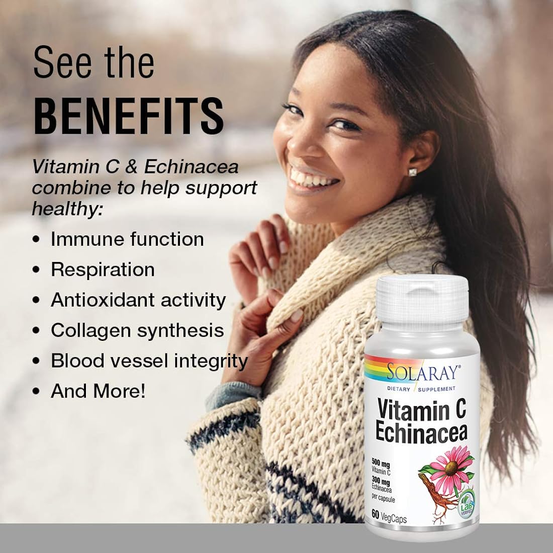 SOLARAY Vitamina C y raíz de equinácea Apoyo inmunológico